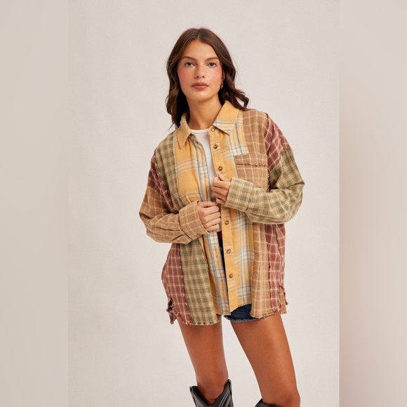 Easel Los Angeles Tops - EASEL Los Angeles Snow Wash Mixed Plaid Patchwork Boho Button Down Shirt Size L